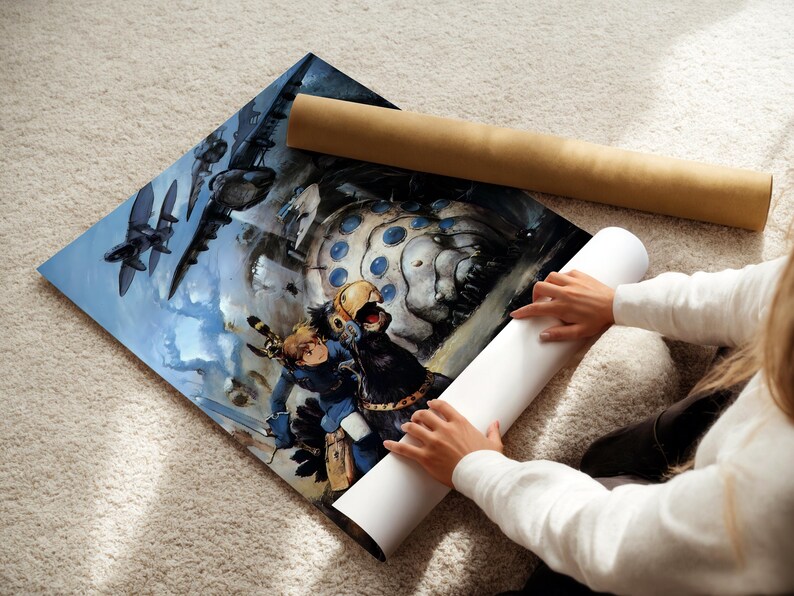 A person is holding a roll of paper and a poster featuring an illustration of a character and a large, abstract structure.
