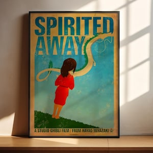 The image is a poster for the Studio Ghibli film " Spirited Away". It features an illustration of a young girl in a red dress standing on a grassy hill, with a large dragon-like creature in the background.