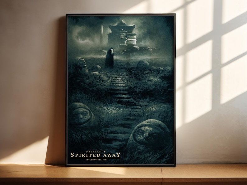 The image is a poster for the film " Spirited Away" featuring a dark, mysterious landscape with a temple-like structure in the background.