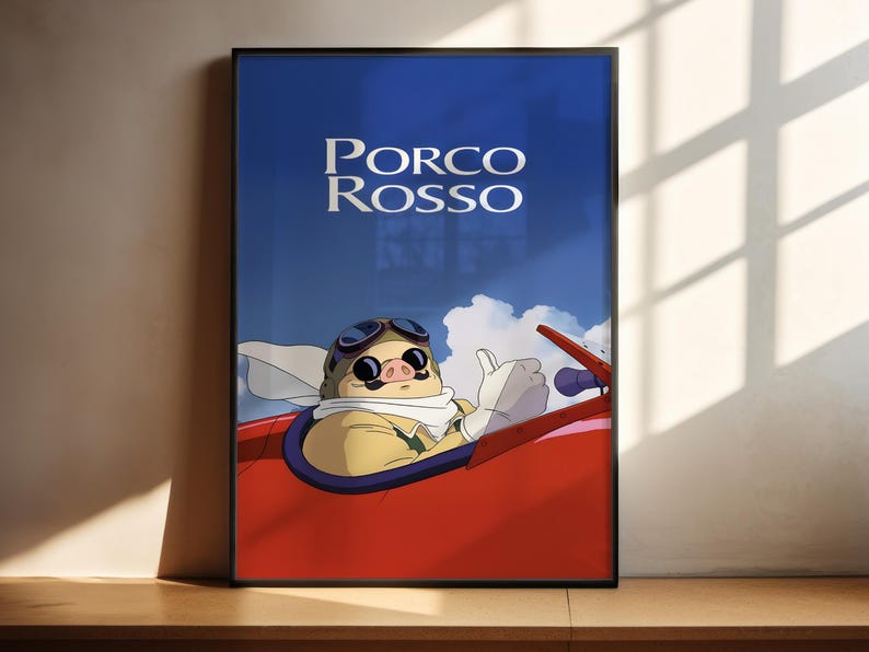 The image is a framed poster featuring an illustration of a pig piloting a red airplane.