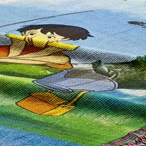 a colorful, cartoon-style illustration of a young boy sitting on a grassy hill, holding a fishing rod.