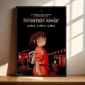 The image is a movie poster for the animated film "Miyazaki's Spirited Away". The poster features an illustration of a young girl with a serious expression, dressed in a red outfit, standing in a dark, mysterious setting.