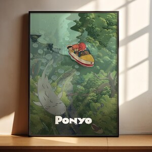 The image is a poster featuring an illustration of a person riding a boat in a green underwater environment, with the word "Ponyo" prominently displayed.
