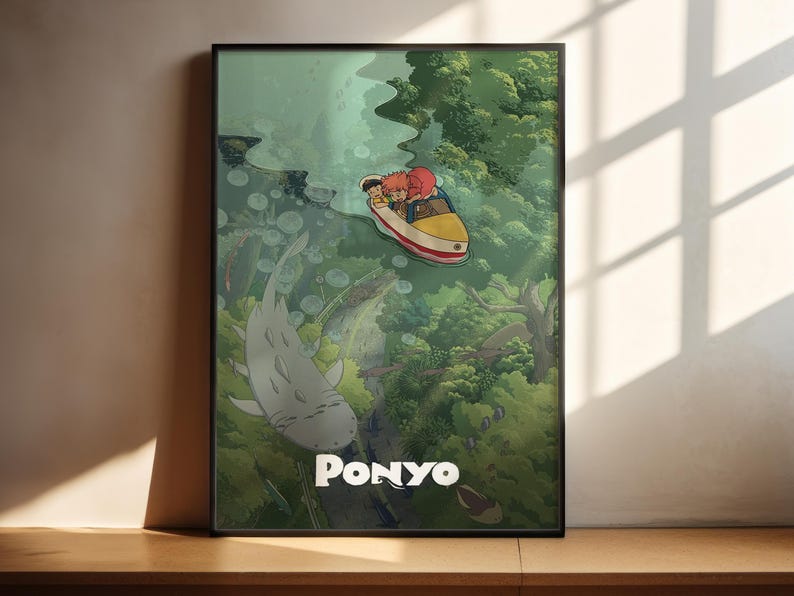 The image is a poster featuring an illustration of a person riding a boat in a green underwater environment, with the word "Ponyo" prominently displayed.