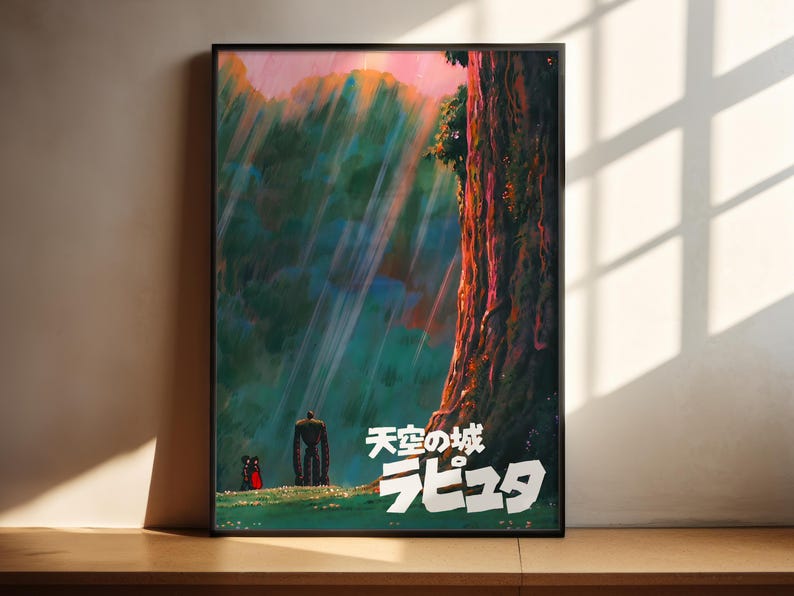 The image is a framed poster depicting a fantastical scene with a large tree, a person, and a dragon-like creature in a lush, colorful landscape.