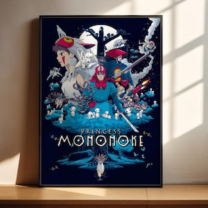 The image is a poster featuring the character Princess Mononoke from the animated film " princess mononoke". The poster showcases various elements associated with the character, including a large moon, a castle, and other fantastical creatures. The overall design is vibrant and visually striking, capturing the essence of the character and the story.