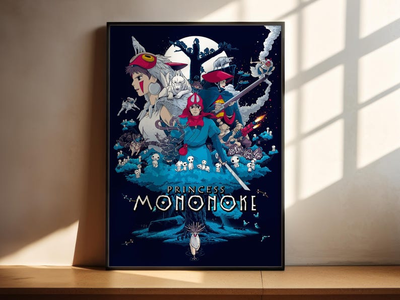 The image is a poster featuring the character Princess Mononoke from the animated film " princess mononoke". The poster showcases various elements associated with the character, including a large moon, a castle, and other fantastical creatures. The overall design is vibrant and visually striking, capturing the essence of the character and the story.