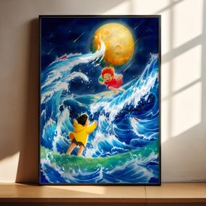 The image is a vibrant painting depicting a person in a yellow raincoat riding a wave on a surfboard, with a large yellow moon in the background.