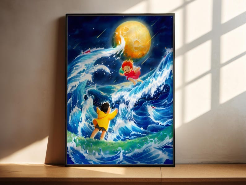 The image is a vibrant painting depicting a person in a yellow raincoat riding a wave on a surfboard, with a large yellow moon in the background.