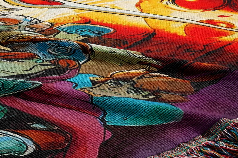The image is a vibrant and colorful textile featuring a variety of cartoon-style characters and designs, including a character with a blue hat and a character with a red hat. The overall composition is visually engaging and dynamic, with a mix of warm and cool colors that create a lively and energetic atmosphere.