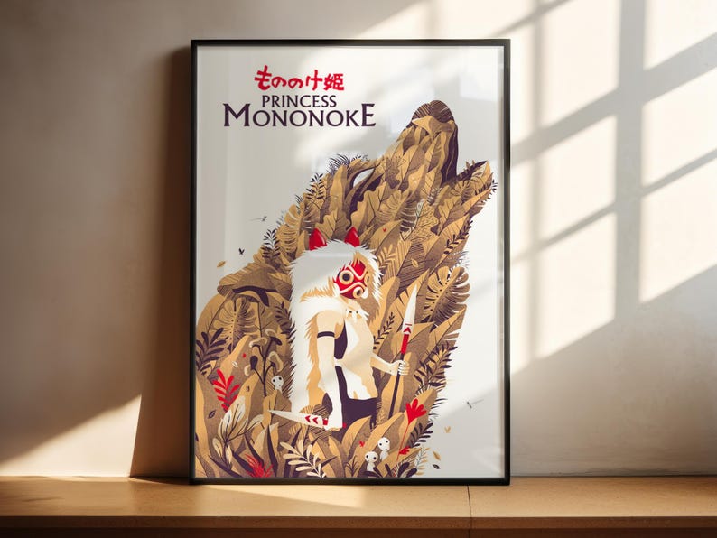 The image is a poster featuring an illustration of a character resembling Princess Mononoke from the animated film " princess mononoke".