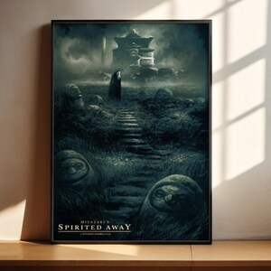 The image is a poster for the film " Spirited Away" featuring a dark, mysterious landscape with a temple-like structure in the background.