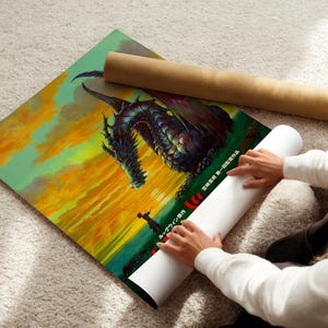 A person is holding a roll of paper and placing it on a colorful poster depicting a dragon.