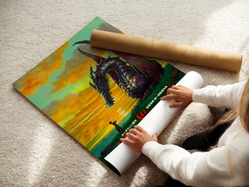 A person is holding a roll of paper and placing it on a colorful poster depicting a dragon.