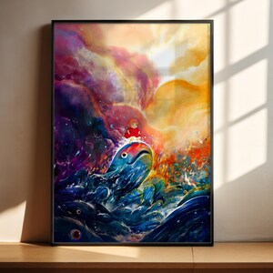 The image is a vibrant, colorful painting depicting a fantastical underwater scene with a large whale-like creature at the center. The background is filled with swirling, multicolored patterns, creating a sense of movement and energy. The painting is framed and displayed on a wooden shelf, with sunlight streaming in from a window behind it, casting a warm glow on the artwork.