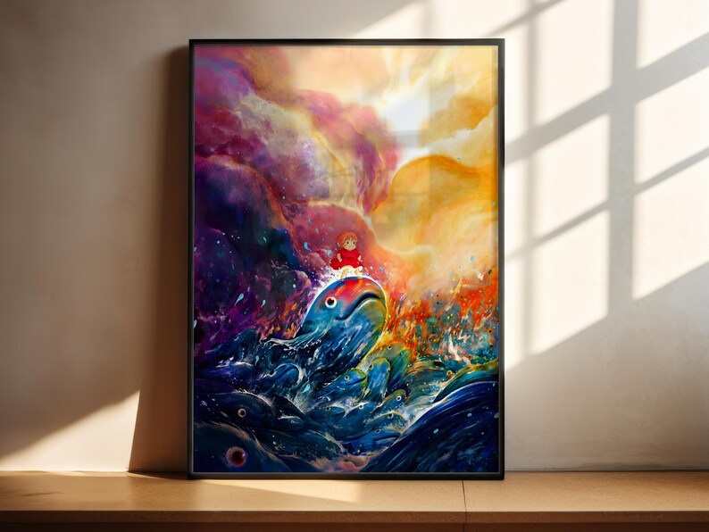 The image is a vibrant, colorful painting depicting a fantastical underwater scene with a large whale-like creature at the center. The background is filled with swirling, multicolored patterns, creating a sense of movement and energy. The painting is framed and displayed on a wooden shelf, with sunlight streaming in from a window behind it, casting a warm glow on the artwork.