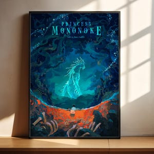 The image is a poster for the animated film "Princess Mononoke" featuring a large, ethereal creature surrounded by a vibrant underwater scene.