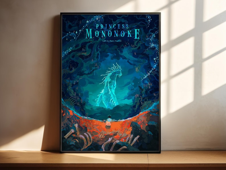 The image is a poster for the animated film "Princess Mononoke" featuring a large, ethereal creature surrounded by a vibrant underwater scene.