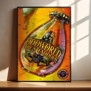 May include: A rectangular poster featuring a glass bottle filled with orange liquid, labeled Oddworld Abe's Exoduss. The bottle has a gold cap and condensation droplets. A small character is visible inside the bottle, with the text Soulstorm Brew.