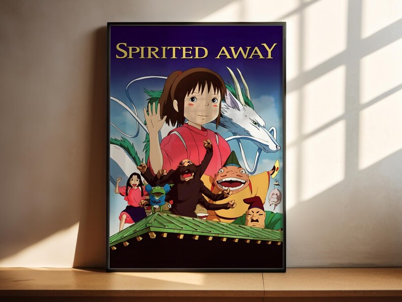 The image is a poster for the animated film "Spiritual Away", featuring a young girl surrounded by various characters from the movie.