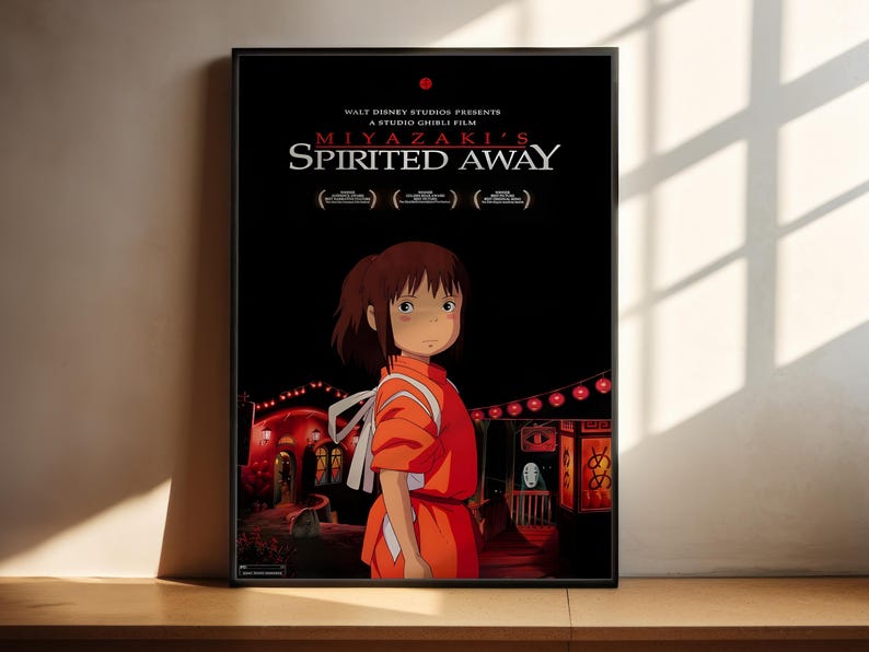 The image is a movie poster for the animated film "Miyazaki's Spirited Away". The poster features an illustration of a young girl with a serious expression, dressed in a red outfit, standing in a dark, mysterious setting.