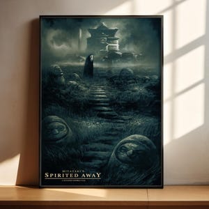 The image is a poster for the film " Spirited Away" featuring a dark, mysterious landscape with a temple-like structure in the background.