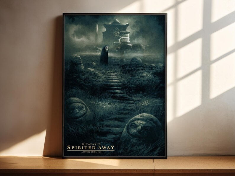 The image is a poster for the film " Spirited Away" featuring a dark, mysterious landscape with a temple-like structure in the background.