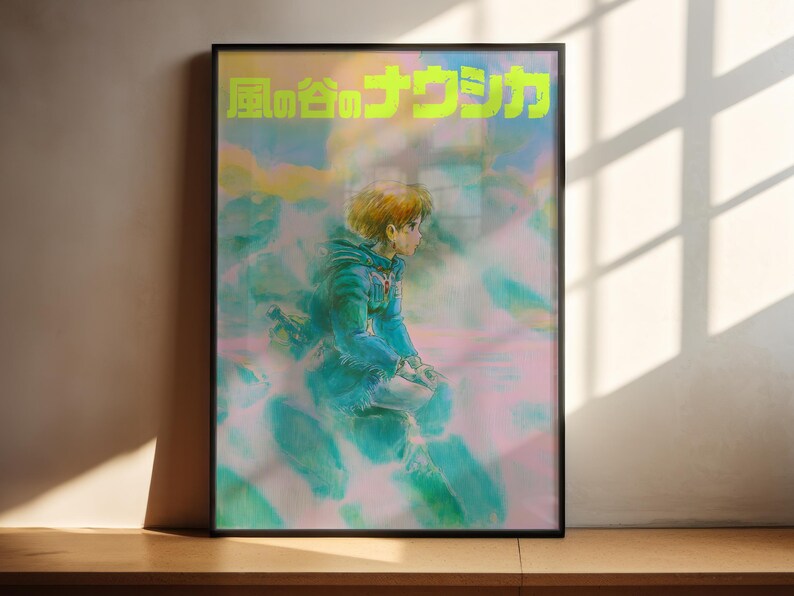 The image is a framed poster featuring an illustration of a person in a blue jacket, with a colorful background.