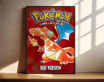 Póster de Pokémon Rojo / Arte mural de videojuegos / Decoración de pared para gamers / Regalo con lámina de videojuegos / Póster mate