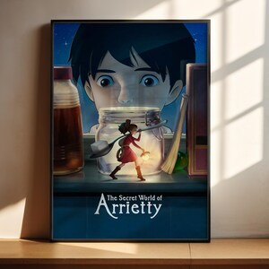 The image is a poster for the animated film "The Secret World of Arriety". It features a large illustration of a young boy with a surprised expression, looking through a jar with a small girl inside. The background of the poster is dark blue, and the title of the film is prominently displayed in white text at the bottom.