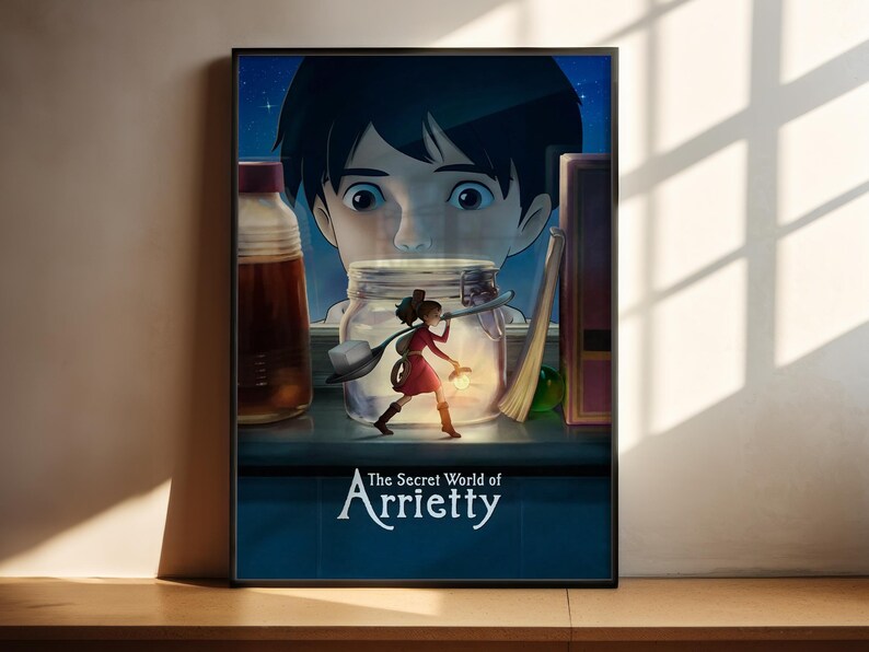 The image is a poster for the animated film "The Secret World of Arriety". It features a large illustration of a young boy with a surprised expression, looking through a jar with a small girl inside. The background of the poster is dark blue, and the title of the film is prominently displayed in white text at the bottom.