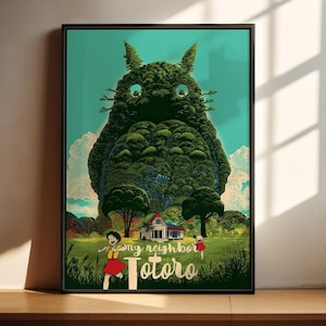 The image is a poster featuring a large, green owl-like creature with a house and two people in the foreground, set against a background of trees and a blue sky.