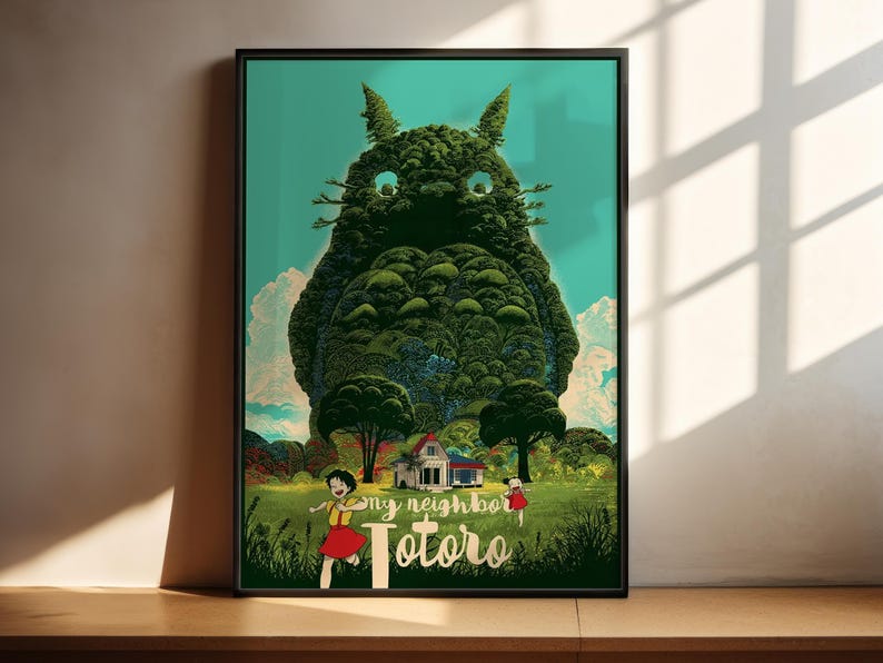 The image is a poster featuring a large, green owl-like creature with a house and two people in the foreground, set against a background of trees and a blue sky.