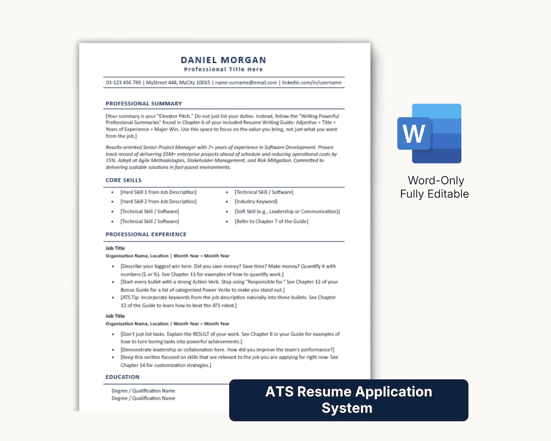 ATS Resume Template for Word | Professional CV Bundle + Writing Guide ...