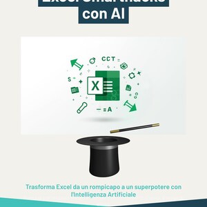Könnte beinhalten: Werbegrafik mit dem Text "Excel Smarthacks con AI" und einer Illustration von Excel-Symbolen, Pfeilen und einem Zauberstab. Ein schwarzer Zylinder befindet sich unter der Illustration. Der Text darunter lautet "Verwandeln Sie Excel von einem Rätsel in eine Superkraft mit künstlicher Intelligenz."