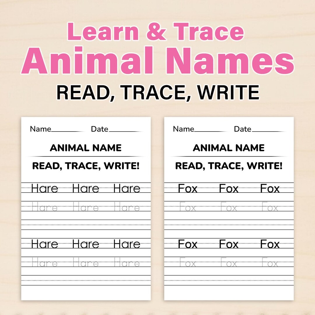 Animal Name Tracing Worksheet | Read Trace Write Printable | Preschool ...