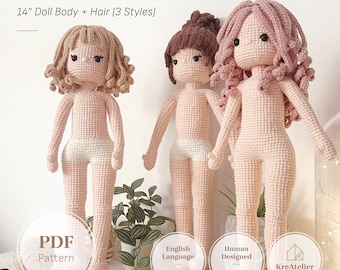 Häkelanleitung für einen 14-Zoll-Puppenkörper und -Haare | Anpassbares, bewegliches Amigurumi-Mädchenspielzeug (PDF-Bundle)
