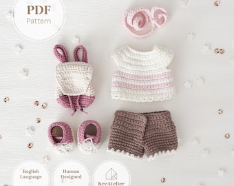 Modèle au crochet pour vêtements de poupée Amigurumi de 14 pouces | Tutoriel PDF sur les vêtements d'été pour filles en peluche