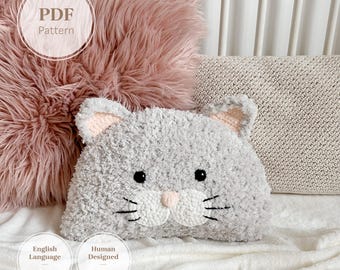 Motif au crochet de coussin pour chat | Tutoriel PDF pour chaton au crochet en fil de fausse fourrure | Décoration pour la maison et la chambre de bébé