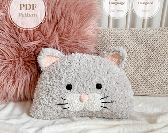 Cat Pillow Crochet Pattern | Faux Fur Yarn Crocheted Kitten Cushion PDF Tutorial | Home & Nursery Decor