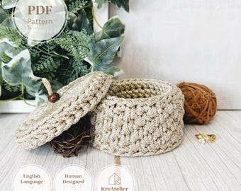 Schema per scatola portagioie all'uncinetto / Cestino all'uncinetto in PDF / Organizzatore di cordoncini in macramè fai da te / Tutorial di decorazione moderna all'uncinetto