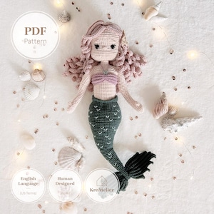 Padrão de boneca sereia de crochê | Tutorial em PDF de amigurumi de menina fantástica | Faça você mesmo seu brinquedo de pelúcia oceânico