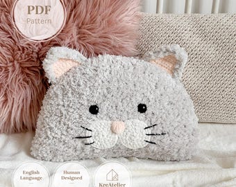 Cat Pillow Crochet Pattern | Faux Fur Yarn Crocheted Kitten Cushion PDF Tutorial | Home & Nursery Decor