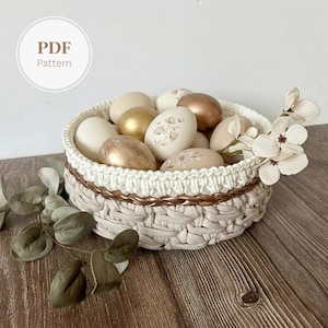 Round Crochet Basket Pattern with Wooden Base | Easter Basket Decor | T-Shirt Yarn & Macrame Rope Storage Bin | Boho Organizer PDF