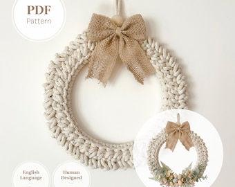 May include: A circular wreath made of thick, braided off-white yarn, featuring a burlap bow at the top and a wooden bead. A smaller inset image shows the same wreath decorated with artificial greenery, small flowers, and pastel-colored eggs.