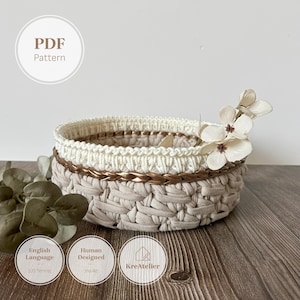 Round Crochet Basket Pattern with Wooden Base, T-Shirt Yarn & Macrame Rope | Crocheted Luxury Home Decor Organizer PDF
