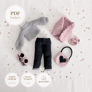 14 inch haakpatroon poppenkleertjes | Amigurumi meisjestrui, broek, laarzen, vest outfit pdf |  DIY speelgoedkleding