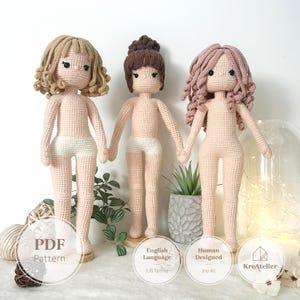 14 Inch Doll Body Base & Hair Crochet Pattern | Customizable Posable Amigurumi Girl Toy PDF Bundle