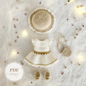 Patrón de ganchillo para ropa de muñeca de 25 cm / Ropa de amigurumi para niña (vestido de verano, zapatos y accesorios) PDF