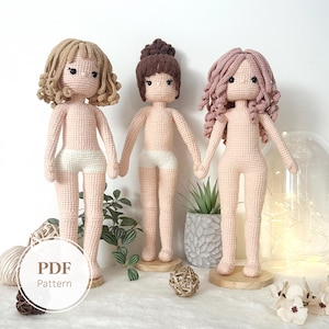 Patrón de ganchillo para base de cuerpo y cabello de muñeca de 14 pulgadas / Paquete PDF de juguete amigurumi para niña articulado y personalizable